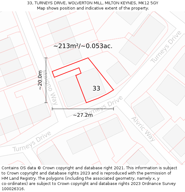 33, TURNEYS DRIVE, WOLVERTON MILL, MILTON KEYNES, MK12 5GY: Plot and title map