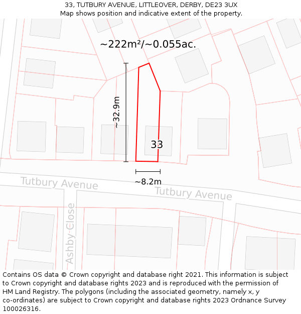 33, TUTBURY AVENUE, LITTLEOVER, DERBY, DE23 3UX: Plot and title map