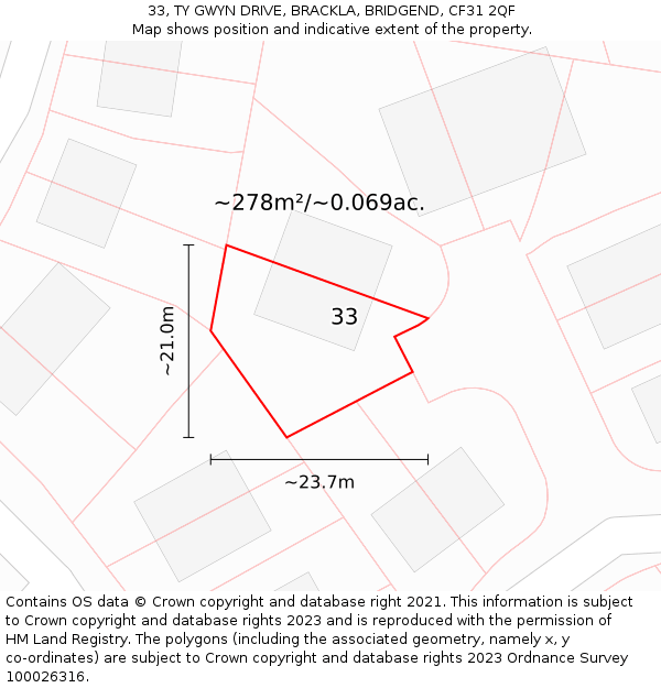 33, TY GWYN DRIVE, BRACKLA, BRIDGEND, CF31 2QF: Plot and title map
