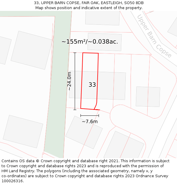 33, UPPER BARN COPSE, FAIR OAK, EASTLEIGH, SO50 8DB: Plot and title map
