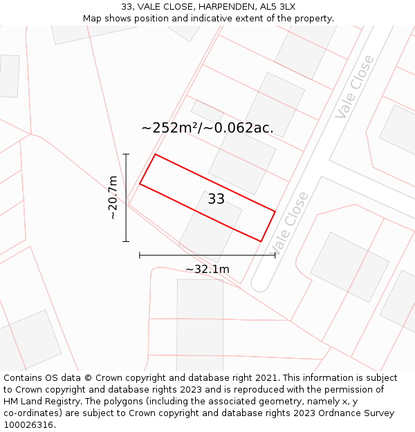 33, VALE CLOSE, HARPENDEN, AL5 3LX: Plot and title map