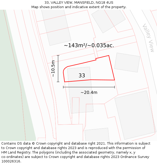 33, VALLEY VIEW, MANSFIELD, NG18 4US: Plot and title map