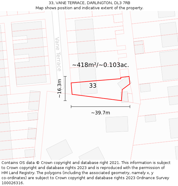 33, VANE TERRACE, DARLINGTON, DL3 7RB: Plot and title map