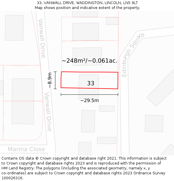 33, VANWALL DRIVE, WADDINGTON, LINCOLN, LN5 9LT: Plot and title map