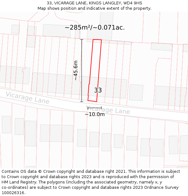 33, VICARAGE LANE, KINGS LANGLEY, WD4 9HS: Plot and title map