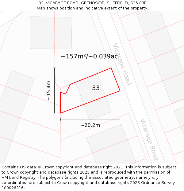 33, VICARAGE ROAD, GRENOSIDE, SHEFFIELD, S35 8RF: Plot and title map
