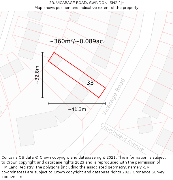 33, VICARAGE ROAD, SWINDON, SN2 1JH: Plot and title map