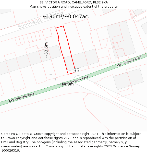 33, VICTORIA ROAD, CAMELFORD, PL32 9XA: Plot and title map