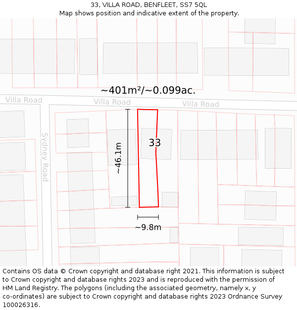 33, VILLA ROAD, BENFLEET, SS7 5QL: Plot and title map