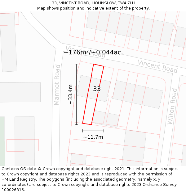 33, VINCENT ROAD, HOUNSLOW, TW4 7LH: Plot and title map