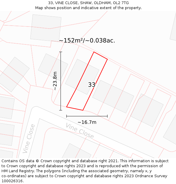 33, VINE CLOSE, SHAW, OLDHAM, OL2 7TG: Plot and title map