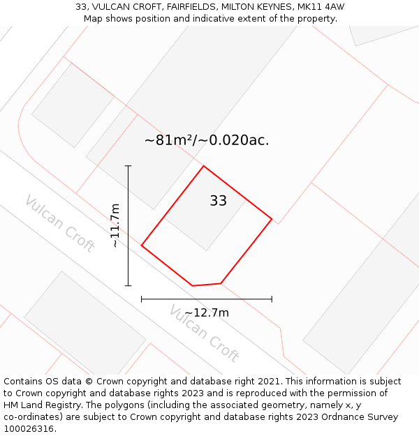 33, VULCAN CROFT, FAIRFIELDS, MILTON KEYNES, MK11 4AW: Plot and title map