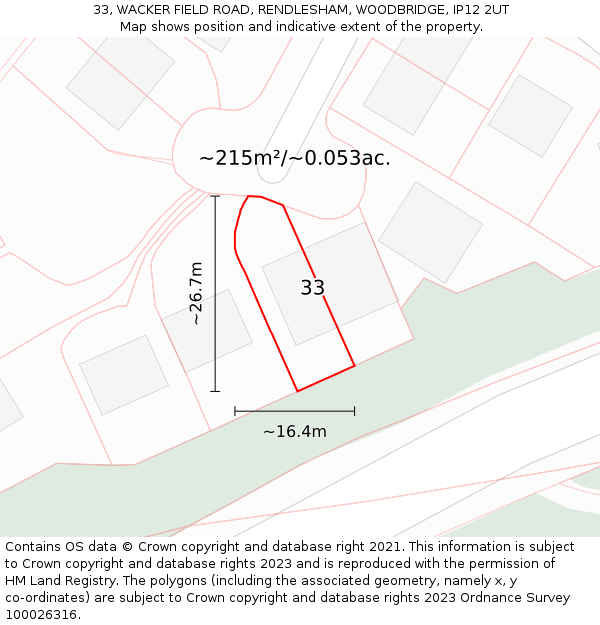 33, WACKER FIELD ROAD, RENDLESHAM, WOODBRIDGE, IP12 2UT: Plot and title map