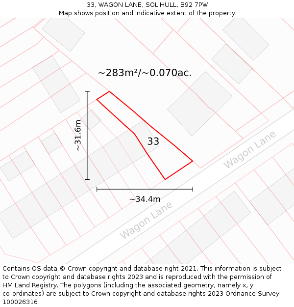 33, WAGON LANE, SOLIHULL, B92 7PW: Plot and title map