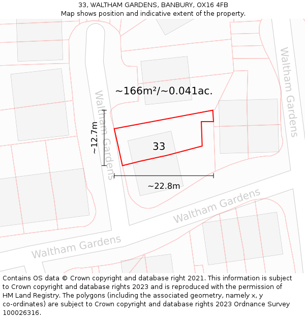33, WALTHAM GARDENS, BANBURY, OX16 4FB: Plot and title map