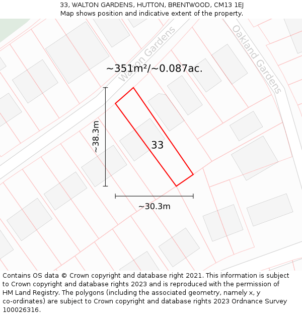 33, WALTON GARDENS, HUTTON, BRENTWOOD, CM13 1EJ: Plot and title map