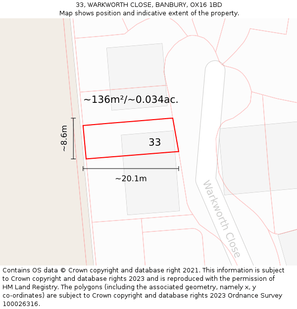 33, WARKWORTH CLOSE, BANBURY, OX16 1BD: Plot and title map