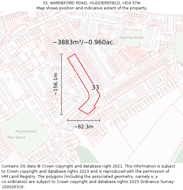 33, WARNEFORD ROAD, HUDDERSFIELD, HD4 5TW: Plot and title map