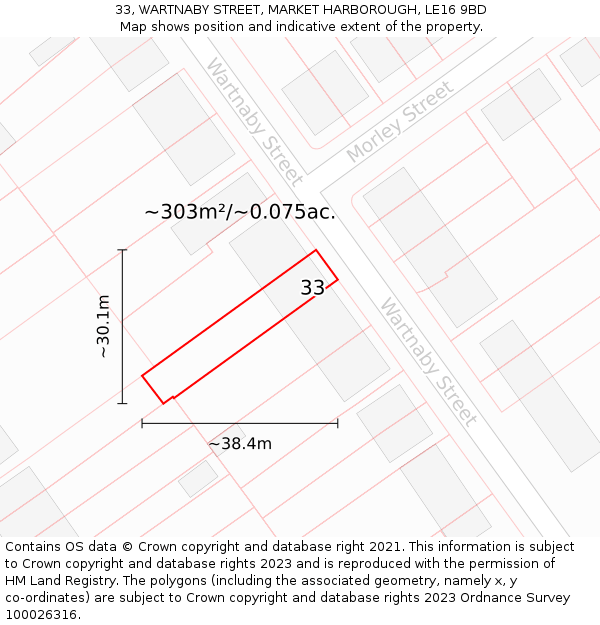 33, WARTNABY STREET, MARKET HARBOROUGH, LE16 9BD: Plot and title map