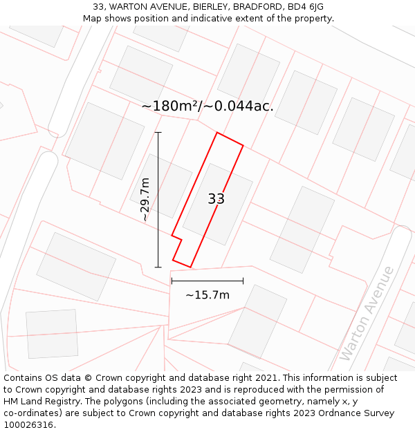 33, WARTON AVENUE, BIERLEY, BRADFORD, BD4 6JG: Plot and title map