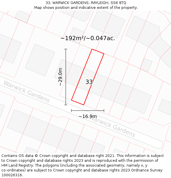33, WARWICK GARDENS, RAYLEIGH, SS6 8TQ: Plot and title map