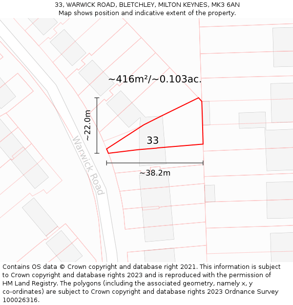 33, WARWICK ROAD, BLETCHLEY, MILTON KEYNES, MK3 6AN: Plot and title map