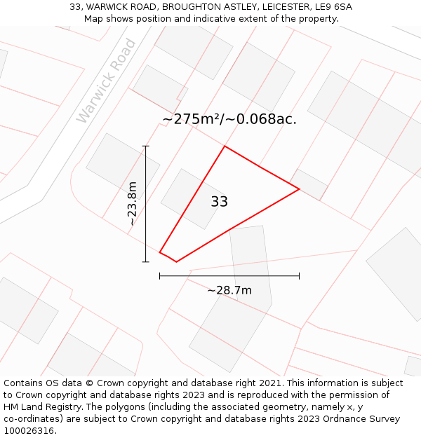 33, WARWICK ROAD, BROUGHTON ASTLEY, LEICESTER, LE9 6SA: Plot and title map