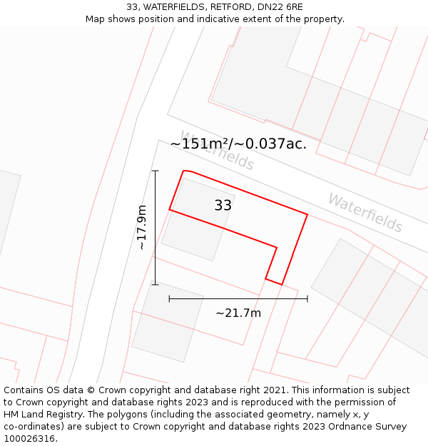33, WATERFIELDS, RETFORD, DN22 6RE: Plot and title map
