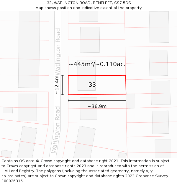 33, WATLINGTON ROAD, BENFLEET, SS7 5DS: Plot and title map