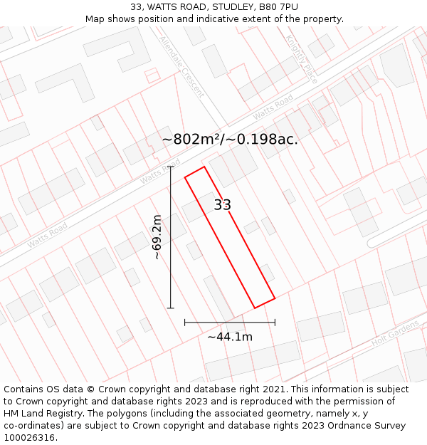 33, WATTS ROAD, STUDLEY, B80 7PU: Plot and title map