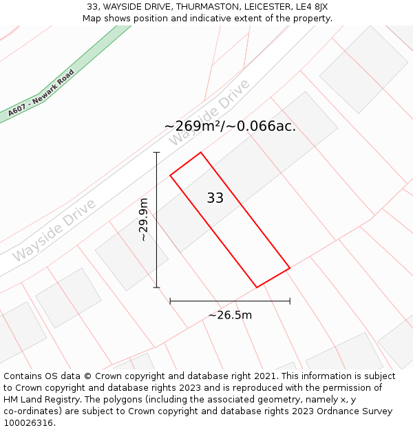 33, WAYSIDE DRIVE, THURMASTON, LEICESTER, LE4 8JX: Plot and title map