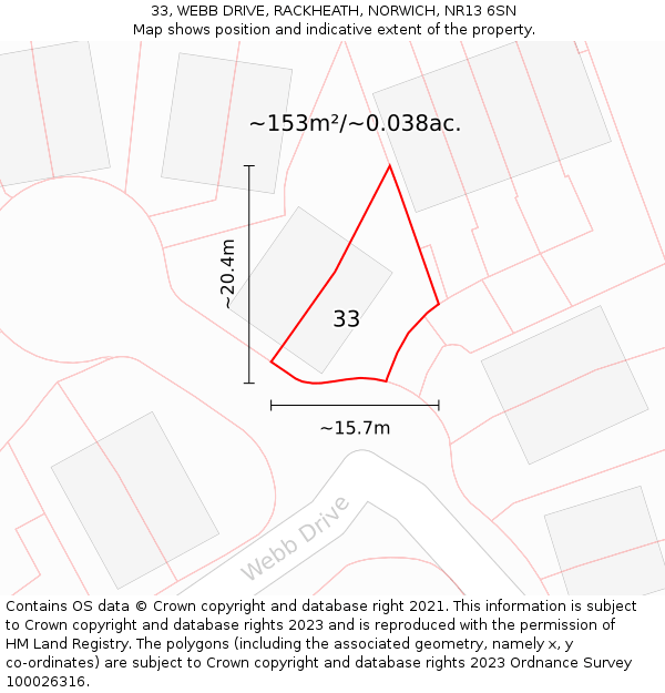 33, WEBB DRIVE, RACKHEATH, NORWICH, NR13 6SN: Plot and title map