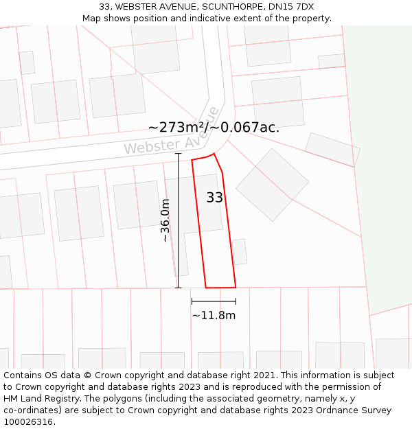 33, WEBSTER AVENUE, SCUNTHORPE, DN15 7DX: Plot and title map