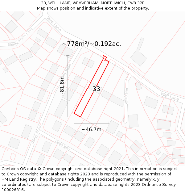 33, WELL LANE, WEAVERHAM, NORTHWICH, CW8 3PE: Plot and title map