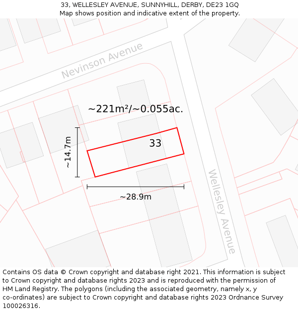 33, WELLESLEY AVENUE, SUNNYHILL, DERBY, DE23 1GQ: Plot and title map
