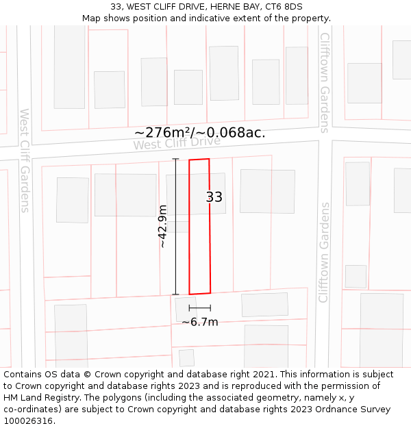 33, WEST CLIFF DRIVE, HERNE BAY, CT6 8DS: Plot and title map