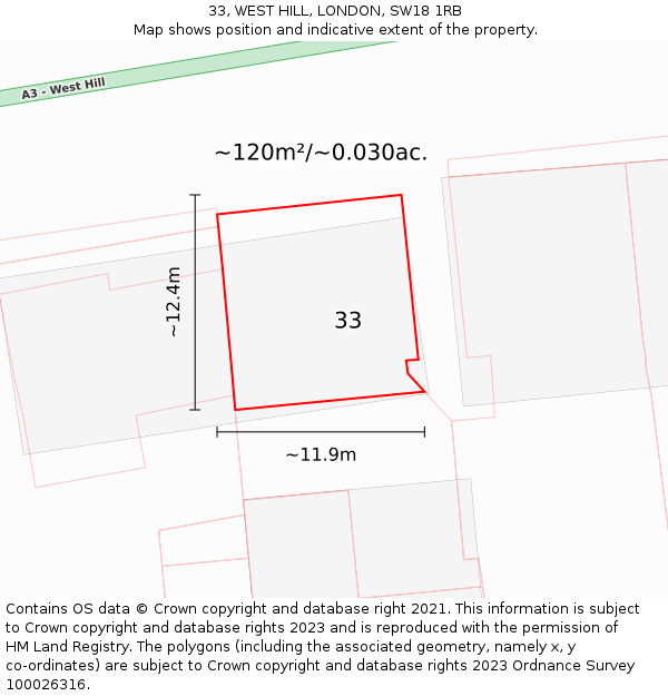 33, WEST HILL, LONDON, SW18 1RB: Plot and title map