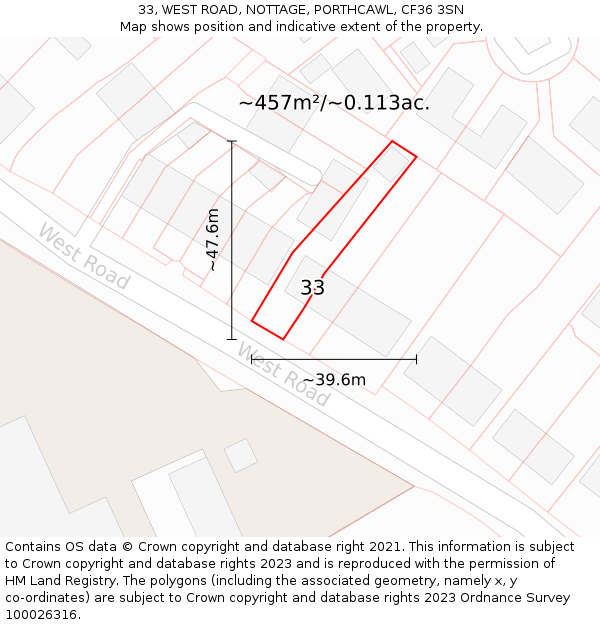 33, WEST ROAD, NOTTAGE, PORTHCAWL, CF36 3SN: Plot and title map