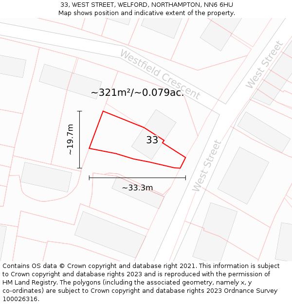 33, WEST STREET, WELFORD, NORTHAMPTON, NN6 6HU: Plot and title map