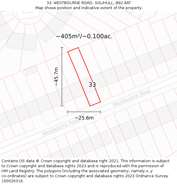 33, WESTBOURNE ROAD, SOLIHULL, B92 8AT: Plot and title map