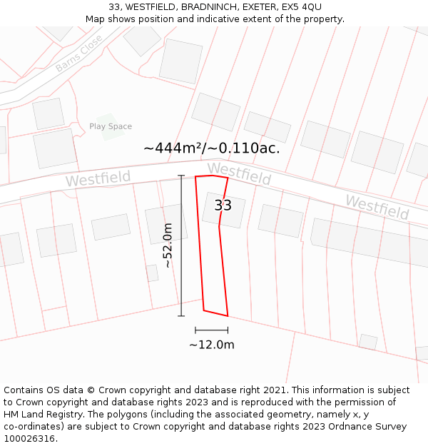 33, WESTFIELD, BRADNINCH, EXETER, EX5 4QU: Plot and title map