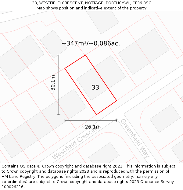33, WESTFIELD CRESCENT, NOTTAGE, PORTHCAWL, CF36 3SG: Plot and title map
