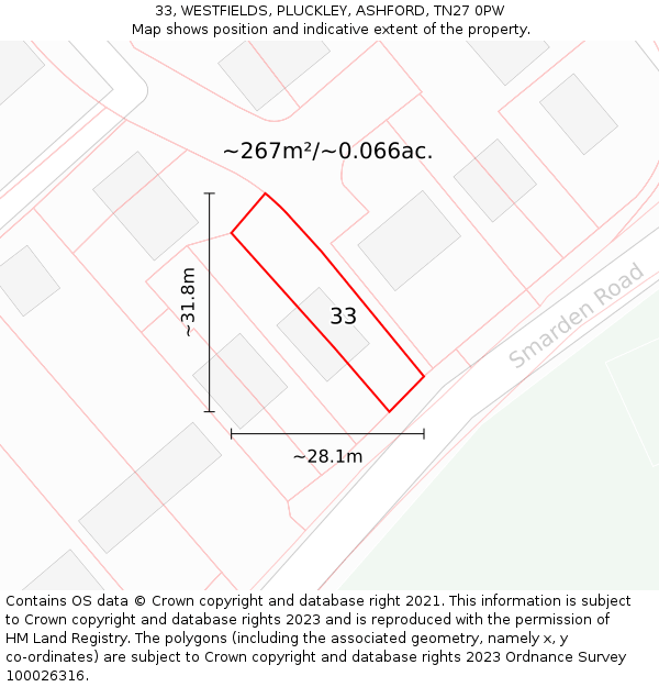 33, WESTFIELDS, PLUCKLEY, ASHFORD, TN27 0PW: Plot and title map