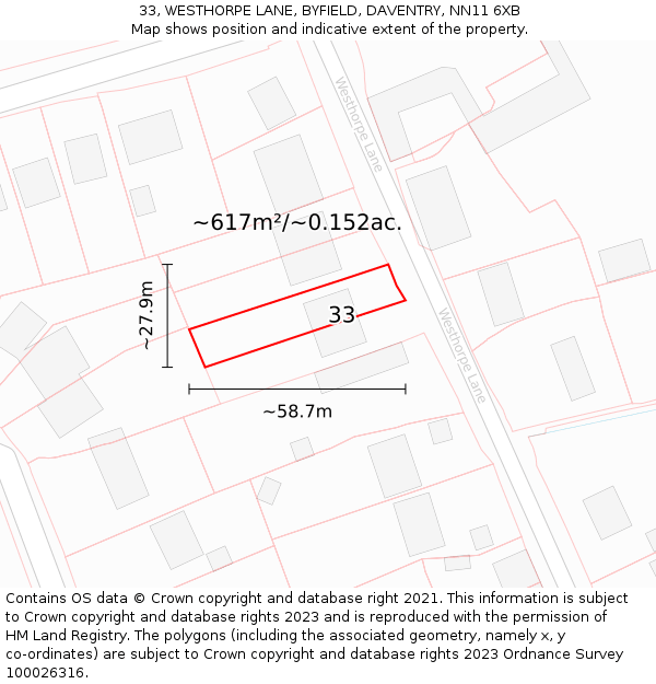 33, WESTHORPE LANE, BYFIELD, DAVENTRY, NN11 6XB: Plot and title map