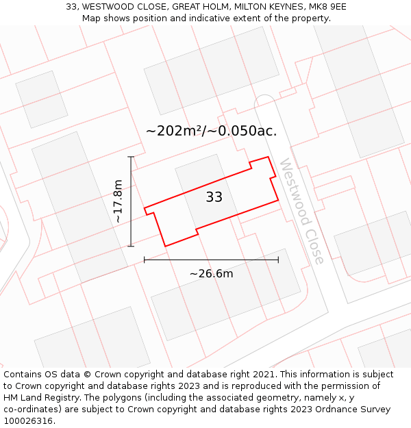 33, WESTWOOD CLOSE, GREAT HOLM, MILTON KEYNES, MK8 9EE: Plot and title map