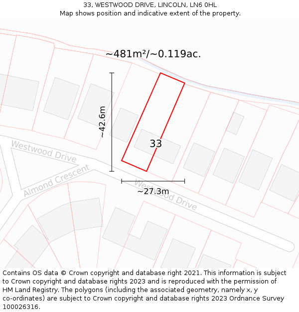 33, WESTWOOD DRIVE, LINCOLN, LN6 0HL: Plot and title map