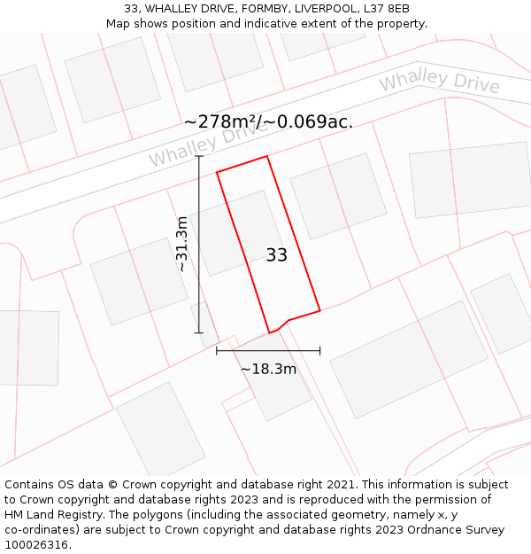 33, WHALLEY DRIVE, FORMBY, LIVERPOOL, L37 8EB: Plot and title map