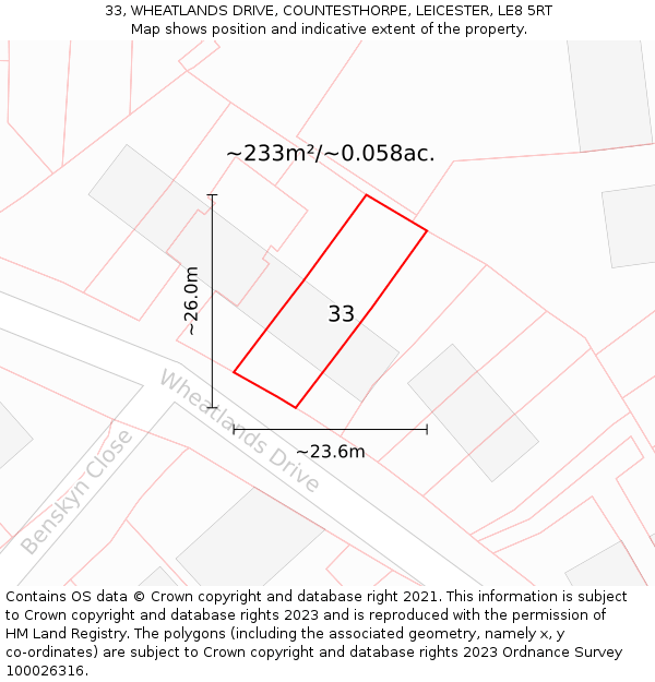 33, WHEATLANDS DRIVE, COUNTESTHORPE, LEICESTER, LE8 5RT: Plot and title map