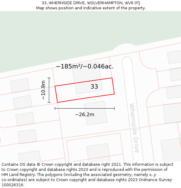 33, WHERNSIDE DRIVE, WOLVERHAMPTON, WV6 0TJ: Plot and title map