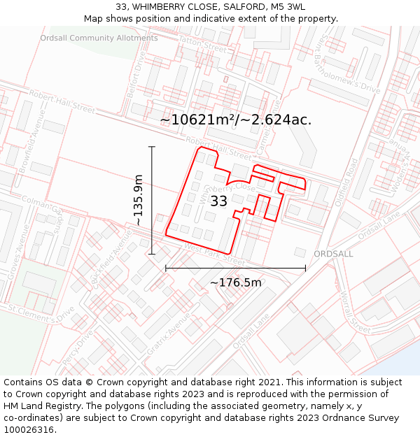 33, WHIMBERRY CLOSE, SALFORD, M5 3WL: Plot and title map